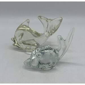 Vintage Lot Of 2 Hand Blown Clear Glass Fish Paper Weight